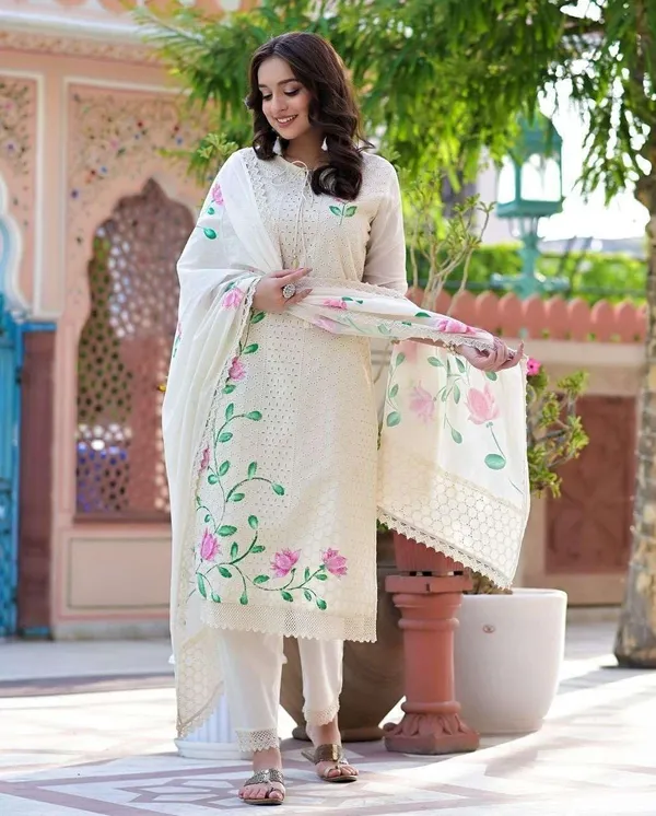 White_Cotton_Hand_Painted_Chikankari_Straight_Kurti_Pant_Dupatta_Set_For_Women
