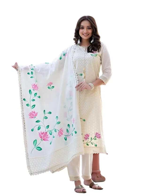 White_Cotton_Hand_Painted_Chikankari_Straight_Kurti_Pant_Dupatta_Set_For_Women