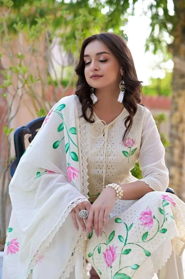 White_Cotton_Hand_Painted_Chikankari_Straight_Kurti_Pant_Dupatta_Set_For_Women