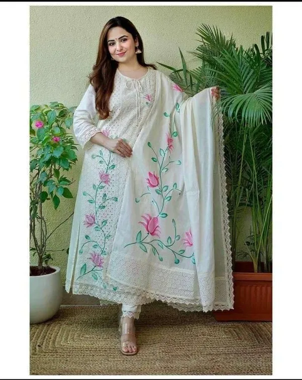 White_Cotton_Hand_Painted_Chikankari_Straight_Kurti_Pant_Dupatta_Set_For_Women