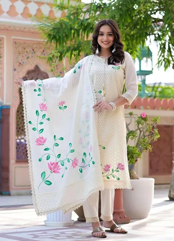 White_Cotton_Hand_Painted_Chikankari_Straight_Kurti_Pant_Dupatta_Set_For_Women