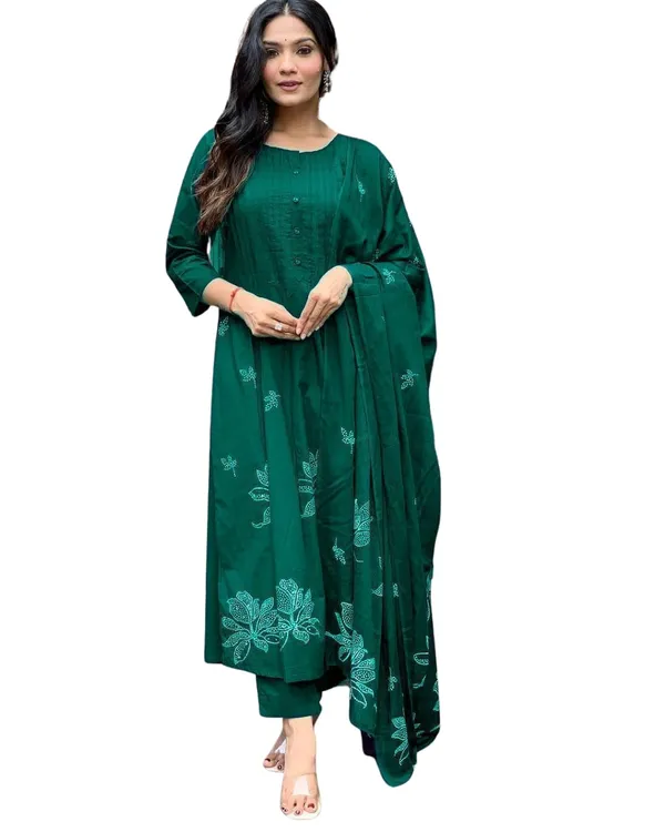 Green_Cotton_Floral_Printed_Long_Straight_Kurti_With_Pant_Dupatta_Set_For_Women