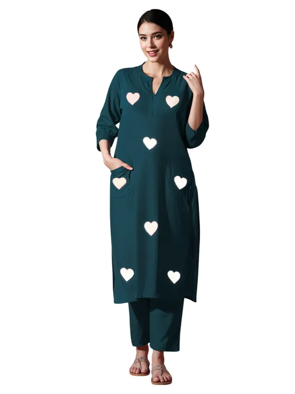 Teal_Blue_Cotton_Regular_Embroidered_Straight_Kurti_With_Pant_Set_For_Women