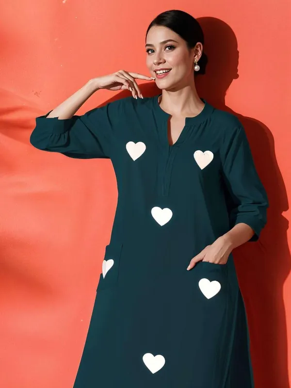Teal_Blue_Cotton_Regular_Embroidered_Straight_Kurti_With_Pant_Set_For_Women