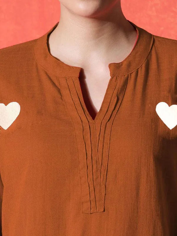 Brown_Cotton_Regular_Embroidered_Straight_Kurti_With_Pant_Set_For_Women