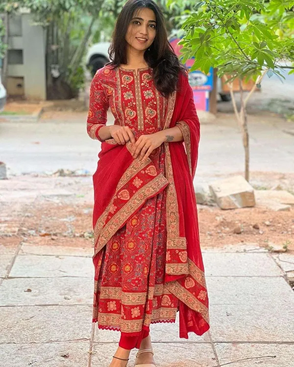 Red_Cotton_Regular_Embroidered_Anarkali_Kurti_With_Pant_Dupatta_Set_For_Women