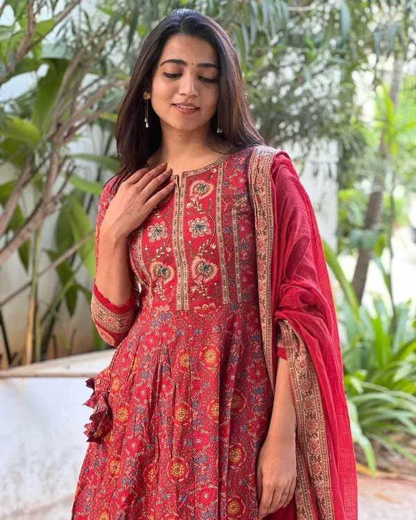 Red_Cotton_Regular_Embroidered_Anarkali_Kurti_With_Pant_Dupatta_Set_For_Women