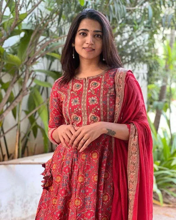 Red_Cotton_Regular_Embroidered_Anarkali_Kurti_With_Pant_Dupatta_Set_For_Women