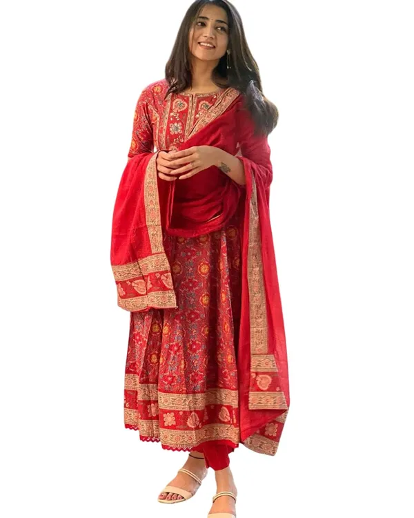Red_Cotton_Regular_Embroidered_Anarkali_Kurti_With_Pant_Dupatta_Set_For_Women