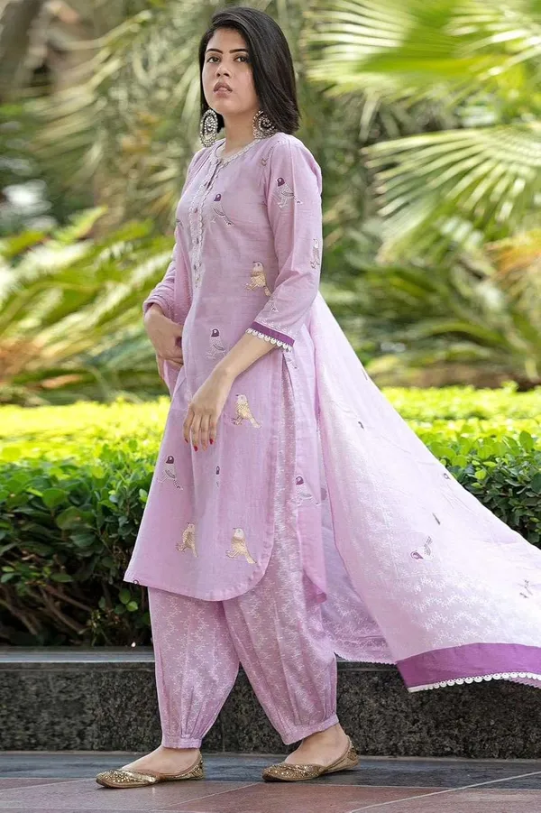 Light_Purple_Cotton_Regular_Embroidered_Straight_Kurti_Set_With_Pant_Dupatta_For_Women
