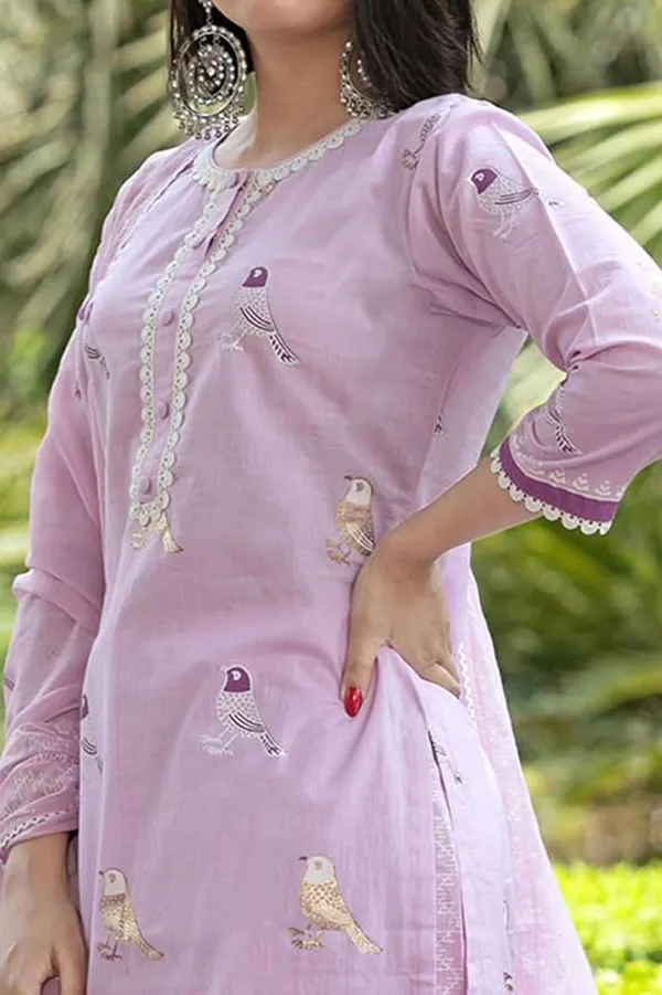Light_Purple_Cotton_Regular_Embroidered_Straight_Kurti_Set_With_Pant_Dupatta_For_Women