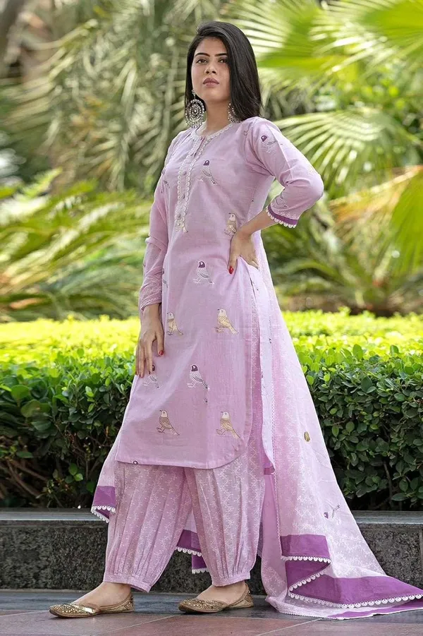 Light_Purple_Cotton_Regular_Embroidered_Straight_Kurti_Set_With_Pant_Dupatta_For_Women