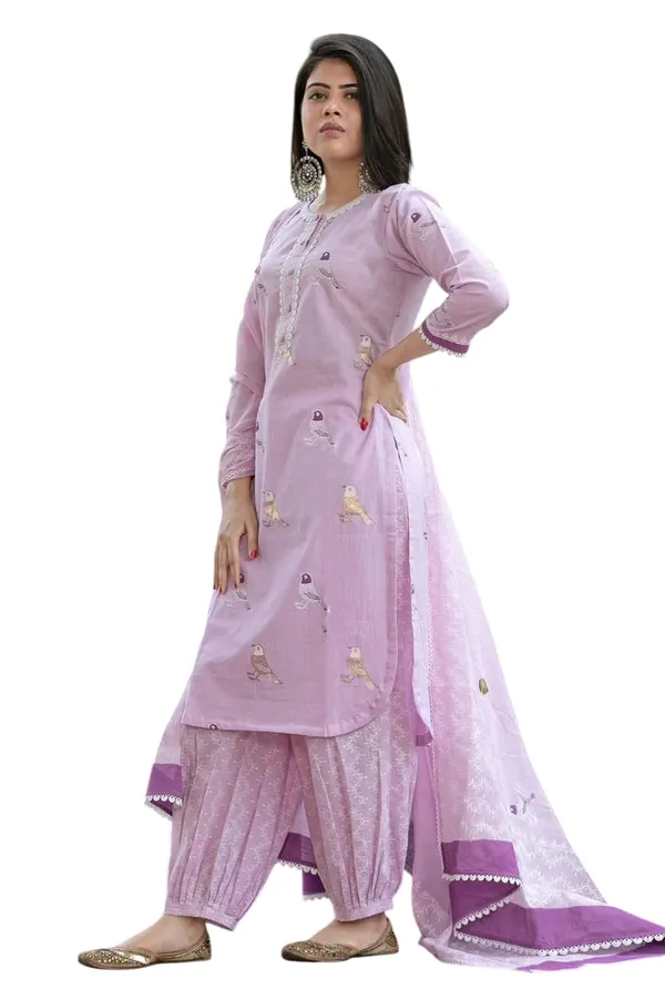 Light_Purple_Cotton_Regular_Embroidered_Straight_Kurti_Set_With_Pant_Dupatta_For_Women