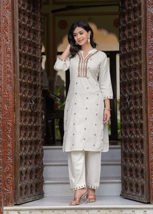 Cream_Cotton_Embroidered_Straight_Kurti_With_Pant_Dupatta_Set_For_Women