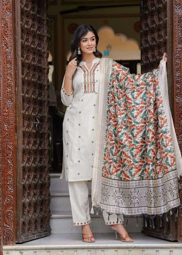 Cream_Cotton_Embroidered_Straight_Kurti_With_Pant_Dupatta_Set_For_Women