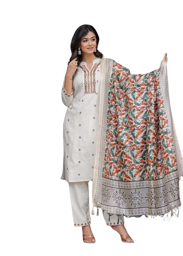 Cream_Cotton_Embroidered_Straight_Kurti_With_Pant_Dupatta_Set_For_Women