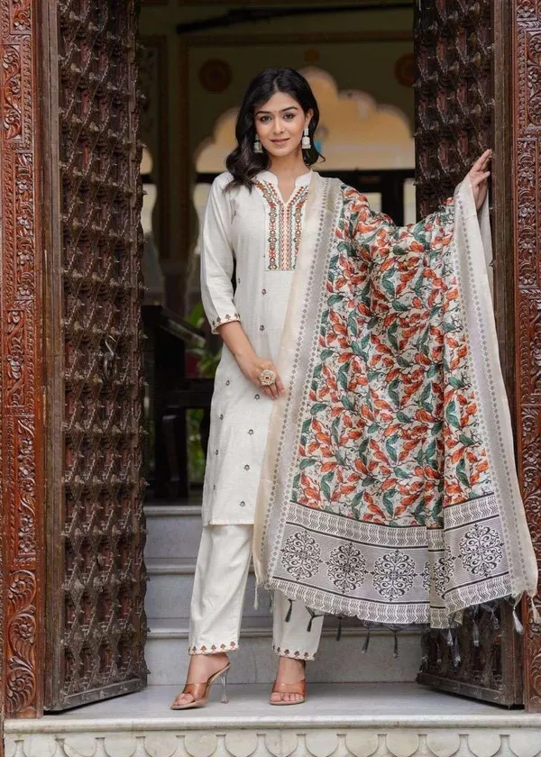 Cream_Cotton_Embroidered_Straight_Kurti_With_Pant_Dupatta_Set_For_Women