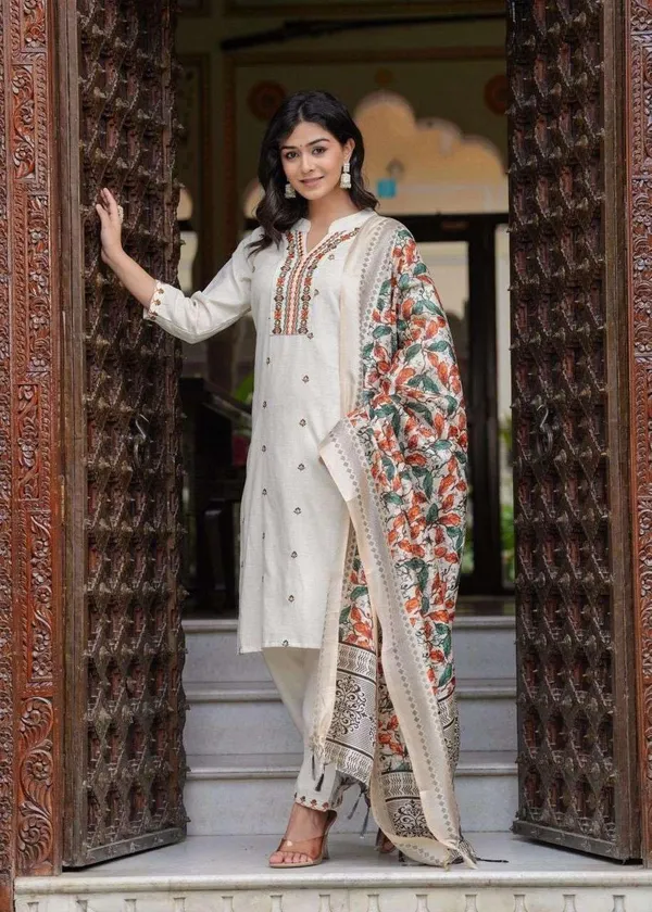Cream_Cotton_Embroidered_Straight_Kurti_With_Pant_Dupatta_Set_For_Women