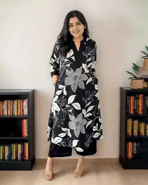 Black_Cotton_Floral_Printed_Straight_Kurti_Pant_Dupatta_Set_For_Women