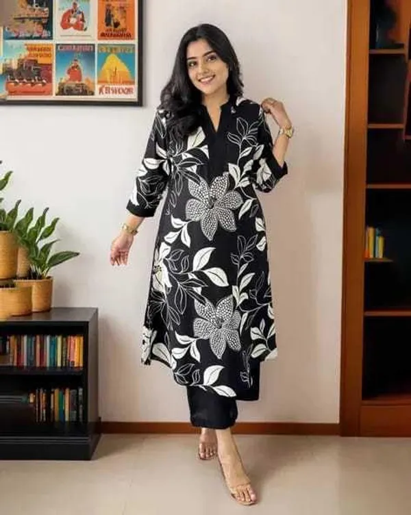 Black_Cotton_Floral_Printed_Straight_Kurti_Pant_Dupatta_Set_For_Women