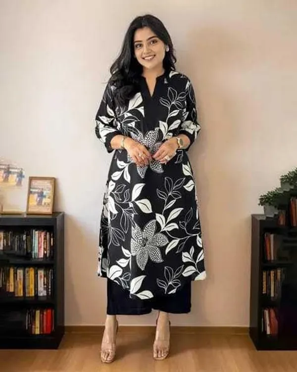 Black_Cotton_Floral_Printed_Straight_Kurti_Pant_Dupatta_Set_For_Women