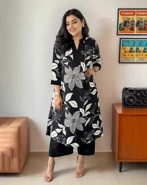 Black_Cotton_Floral_Printed_Straight_Kurti_Pant_Dupatta_Set_For_Women