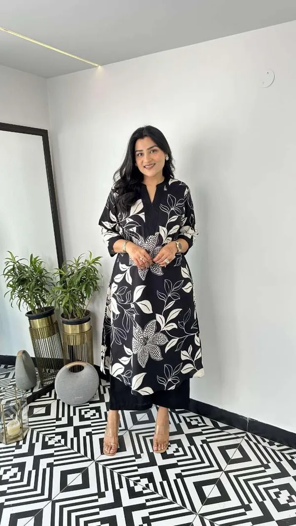 Black_Cotton_Floral_Printed_Straight_Kurti_Pant_Dupatta_Set_For_Women