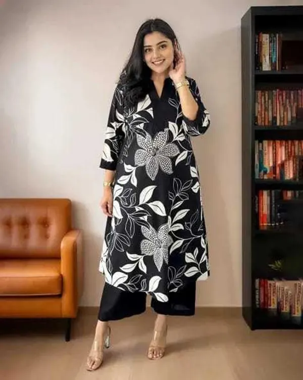 Black_Cotton_Floral_Printed_Straight_Kurti_Pant_Dupatta_Set_For_Women