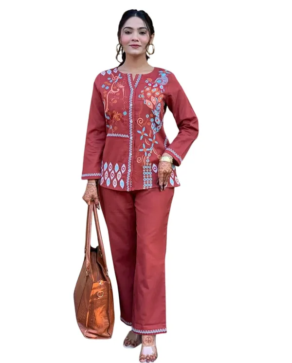 Maroon_Cotton_Regular_Embroidered_Straight_Kurti_With_Pant_Set_For_Women