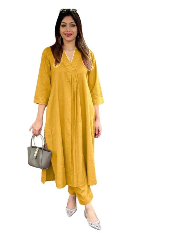 Yellow_Cotton_Regular_Plain_A_Line_Straight_Kurti_With_Pant_Set_For_Women