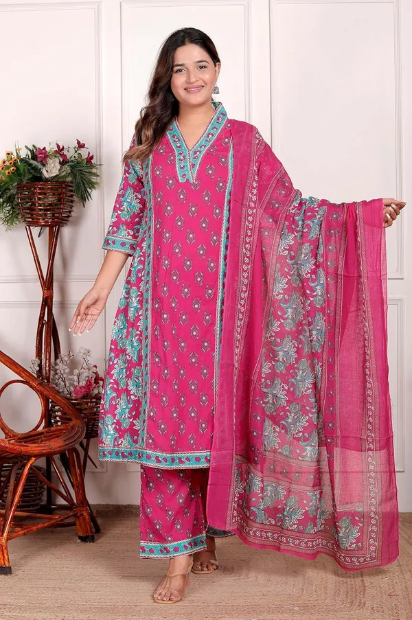 Pink_Cotton_Regular_Printed_Straight_Kurti_Set_With_Pant_Dupatta_For_Women