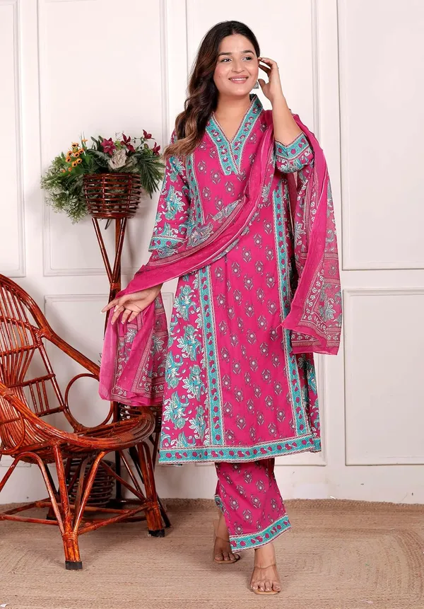 Pink_Cotton_Regular_Printed_Straight_Kurti_Set_With_Pant_Dupatta_For_Women