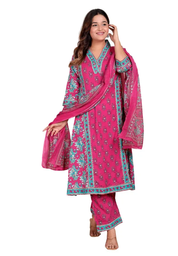 Pink_Cotton_Regular_Printed_Straight_Kurti_Set_With_Pant_Dupatta_For_Women