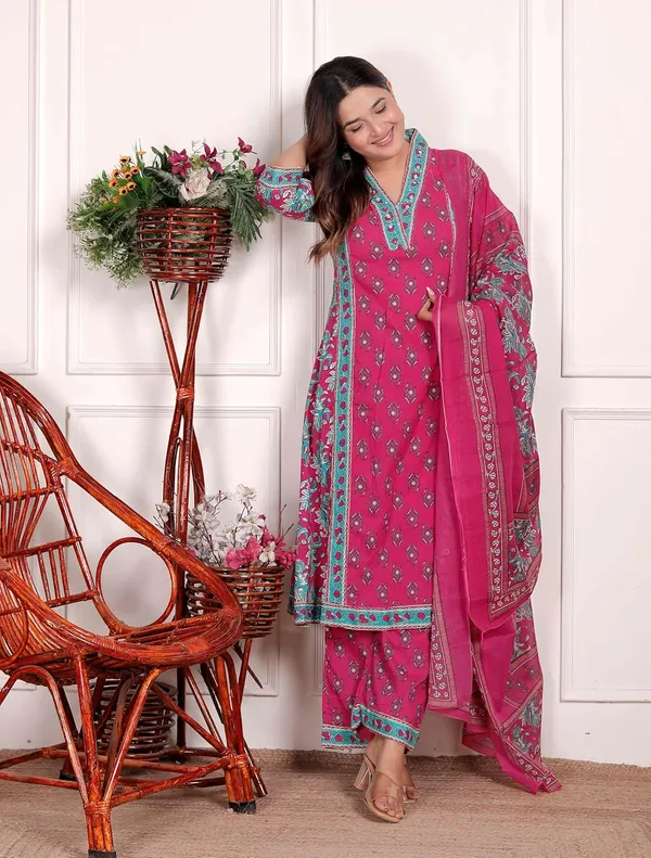 Pink_Cotton_Regular_Printed_Straight_Kurti_Set_With_Pant_Dupatta_For_Women