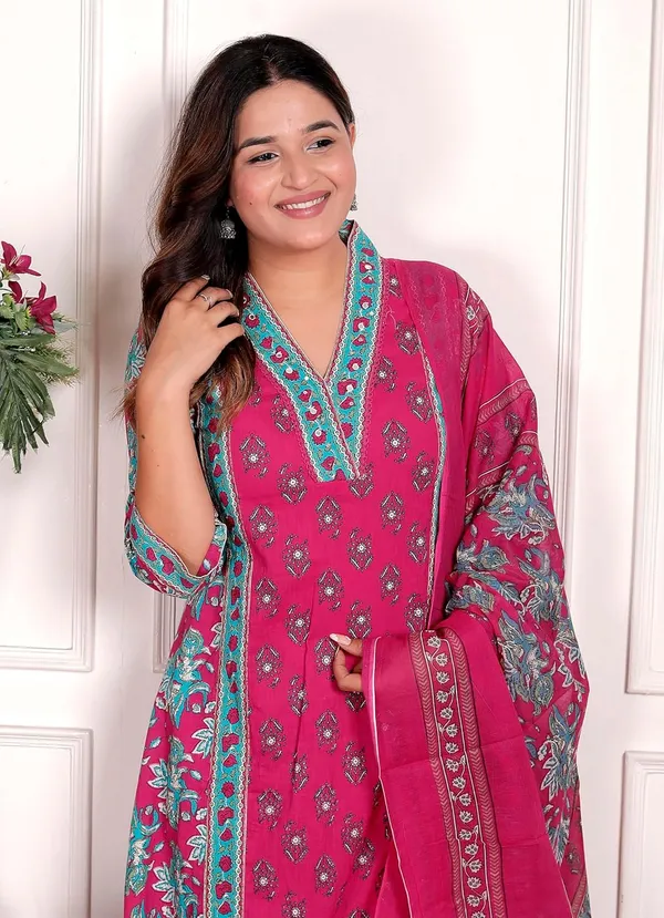 Pink_Cotton_Regular_Printed_Straight_Kurti_Set_With_Pant_Dupatta_For_Women