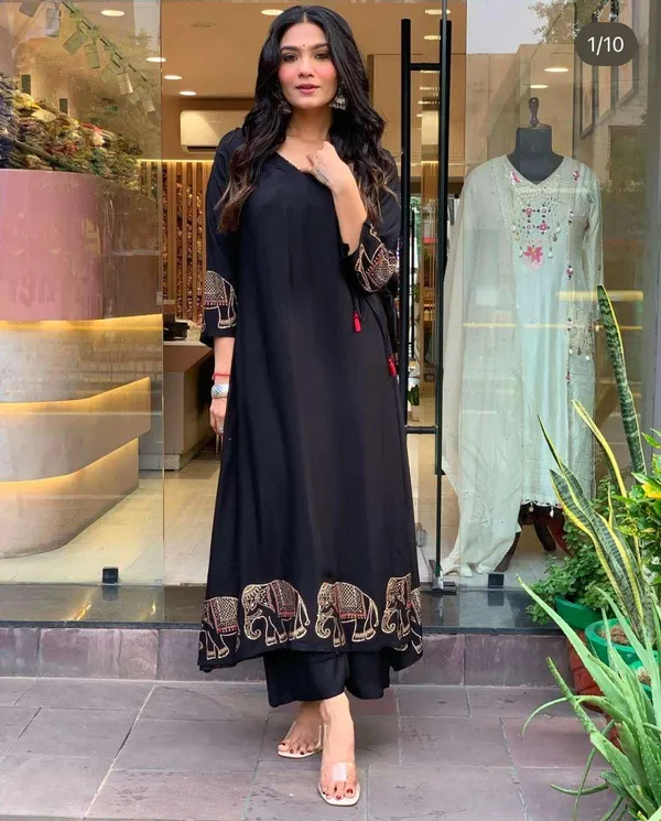 Black_Rayon_Printed_Straight_Kurti_With_Pant_Dupatta_Set_For_Women