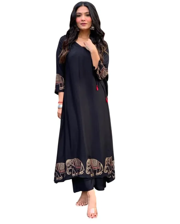 Black_Rayon_Printed_Straight_Kurti_With_Pant_Dupatta_Set_For_Women