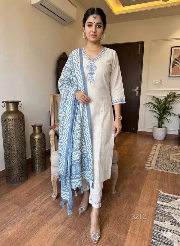 White_Cotton_Regular_Embroidered_Straight_Kurti_With_Pant_Dupatta_Set_For_Women
