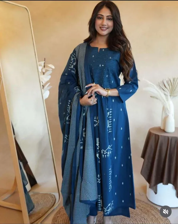Blue_Cotton_Regular_Embroidered_Anarkali_Kurti_With_Pant_Set_For_Women