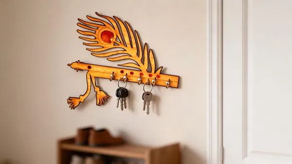 Wooden_Peacock_Feather_Flute_Design_Wall_Key_Holder
