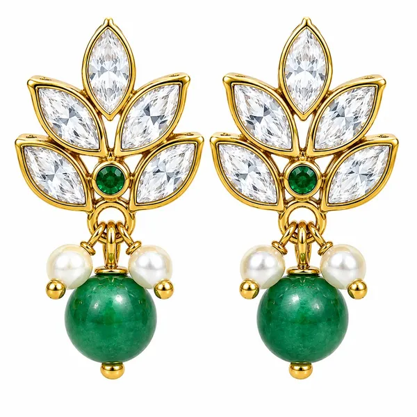 14_Ct_Polki_Handmade_Gold_Plated_Green_Stone_Pearl_Drop_Earrings_For_Women