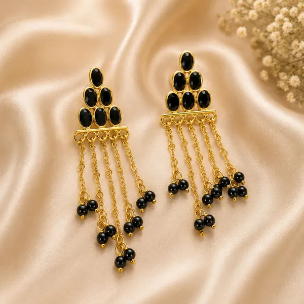 14_Ct_Polki_Handmade_Gold_Plated_Black_Stone_Chandelier_Earrings_With_Beaded_Tassels