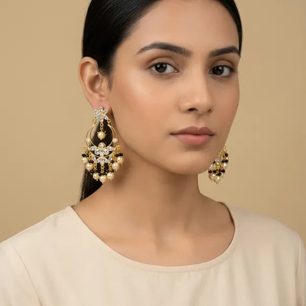 14_Ct_Polki_Handmade_Gold_Floral_Pearl_Black_Bead_Chandbali_Earrings_For_Women
