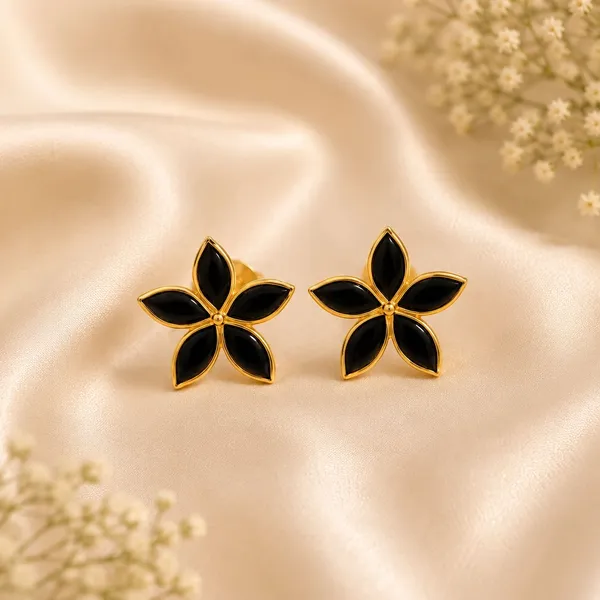 14_Ct_Polki_Handmade_Black_Stone_Gold_Tone_Floral_Stud_Earrings_For_Women