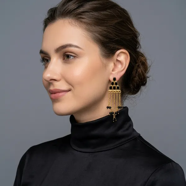 14_Ct_Polki_Handmade_Gold_Plated_Black_Stone_Chandelier_Earrings_With_Beaded_Tassels
