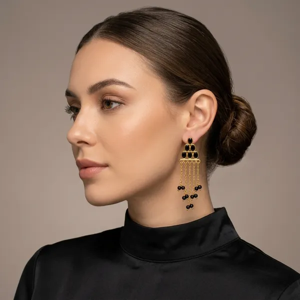 14_Ct_Polki_Handmade_Gold_Plated_Black_Stone_Chandelier_Earrings_With_Beaded_Tassels
