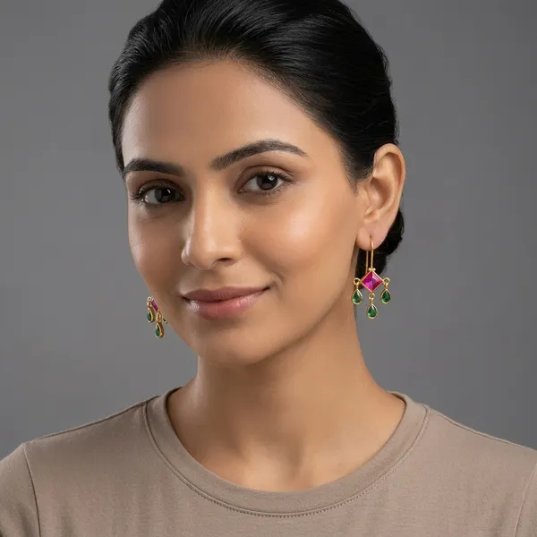 14_Ct_Polki_Handmade_Gold_Plated_Pink_And_Green_Stone_Chandelier_Drop_Earrings_For_Women