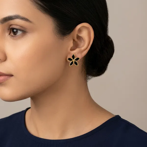 14_Ct_Polki_Handmade_Black_Stone_Gold_Tone_Floral_Stud_Earrings_For_Women