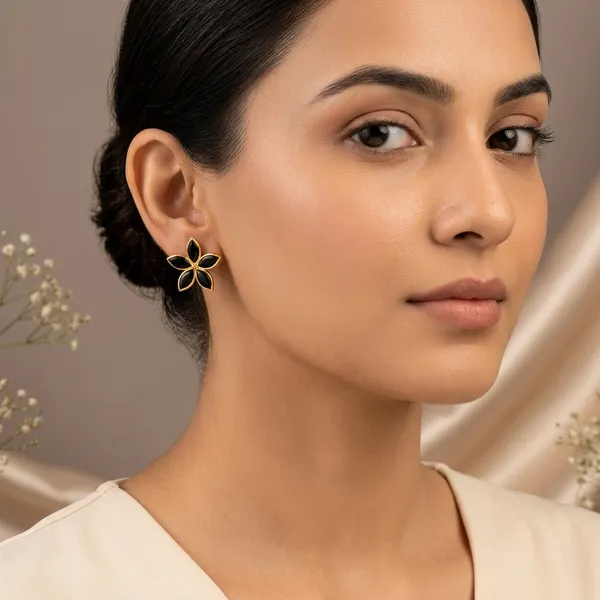 14_Ct_Polki_Handmade_Black_Stone_Gold_Tone_Floral_Stud_Earrings_For_Women