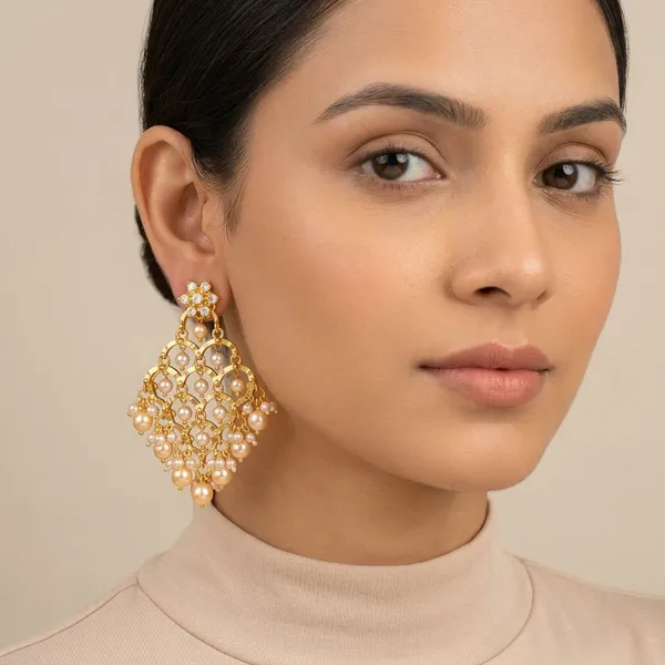 Gold_Plated_Pearl_Floral_Chandelier_Earrings_For_Women